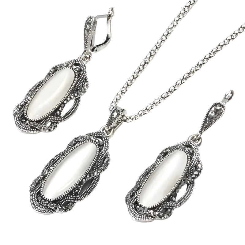 Hot Bohemian Big Opal Stone Earrings Necklace Jewelry Sets For Women