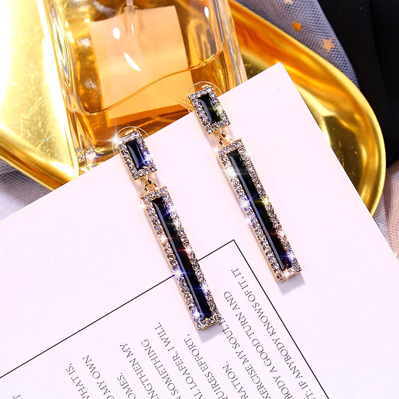 Rhinestone Enamel Rectangle Drop Earrings for Women