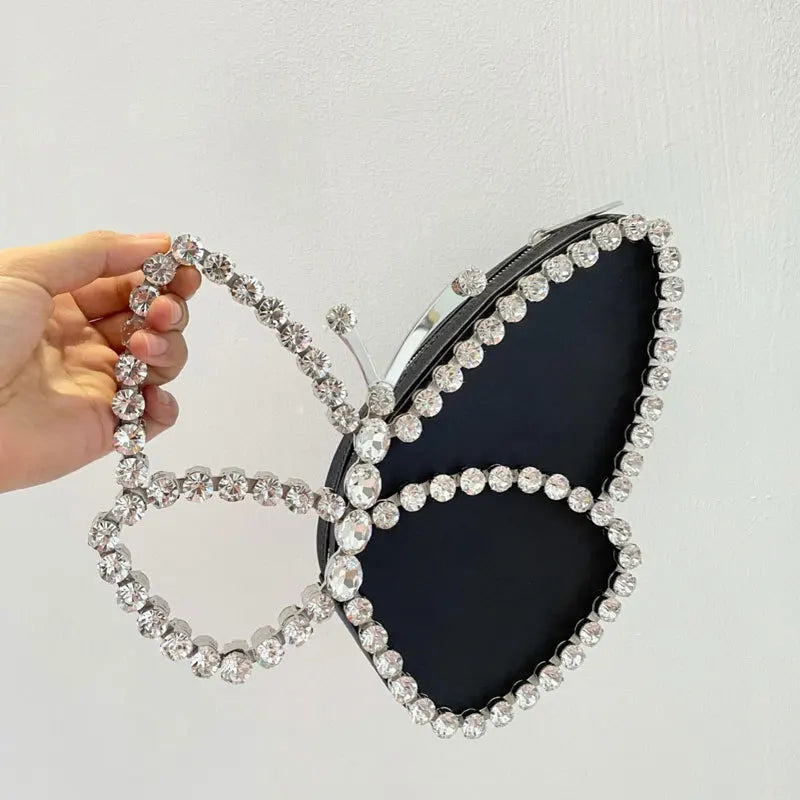 White Rhinestone Pink Butterfly Wedding Evening Clutches Party Prom Purse