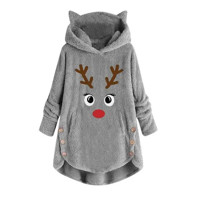 Women Printed Cat Ears Hooded Large Size Long Sleeve Button Sweater Warm Pullover Christmas Sweaters