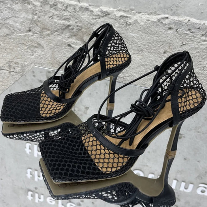 Sexy Mesh Pumps Sandals Female Square Toe High Heel Lace Up Cross-Tied Dress Shoes