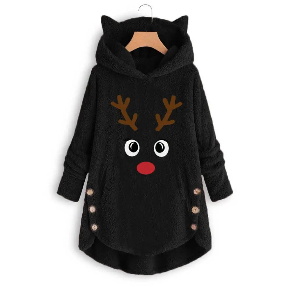Women Printed Cat Ears Hooded Large Size Long Sleeve Button Sweater Warm Pullover Christmas Sweaters