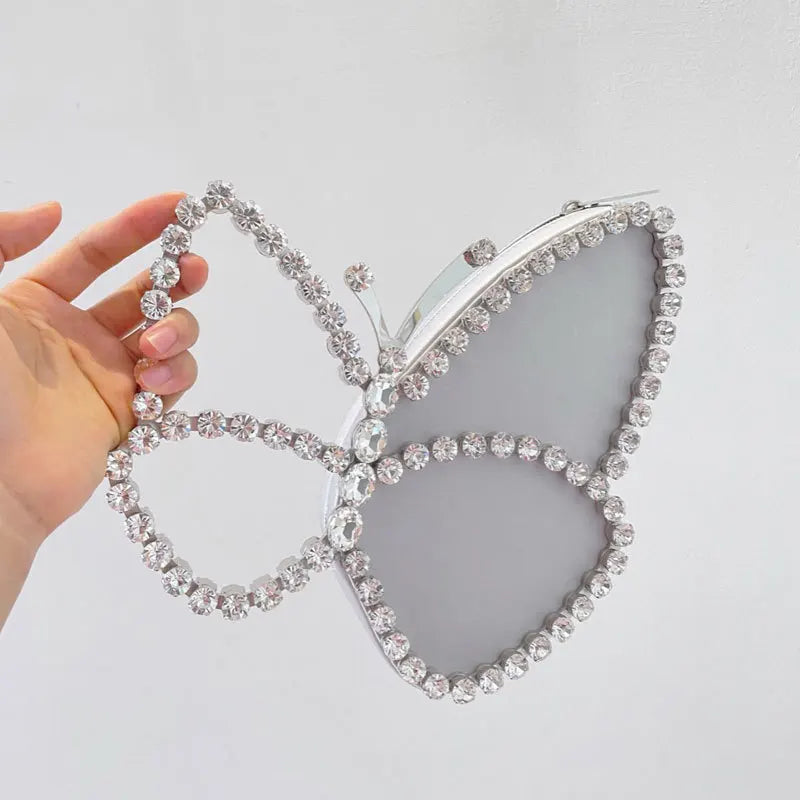 White Rhinestone Pink Butterfly Wedding Evening Clutches Party Prom Purse