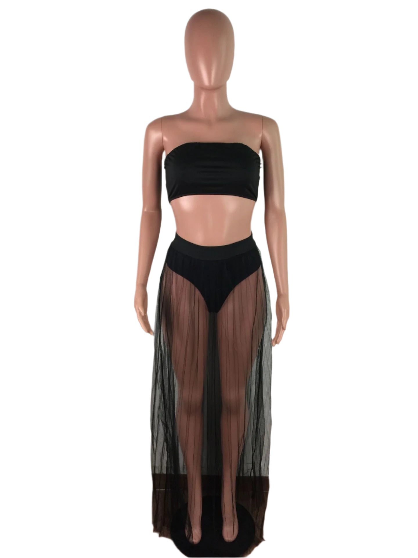 Women Mesh See Though Two Piece Set Sexy Beach Strapless Tops and Pleated Maxi Skirts Matching Set Summer Outfits