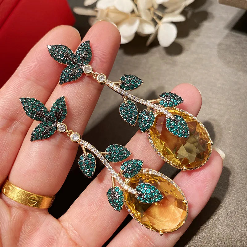 Green Leaf And Yellow Cubic Zirconia Vintage Luxury Drop Earring For Women