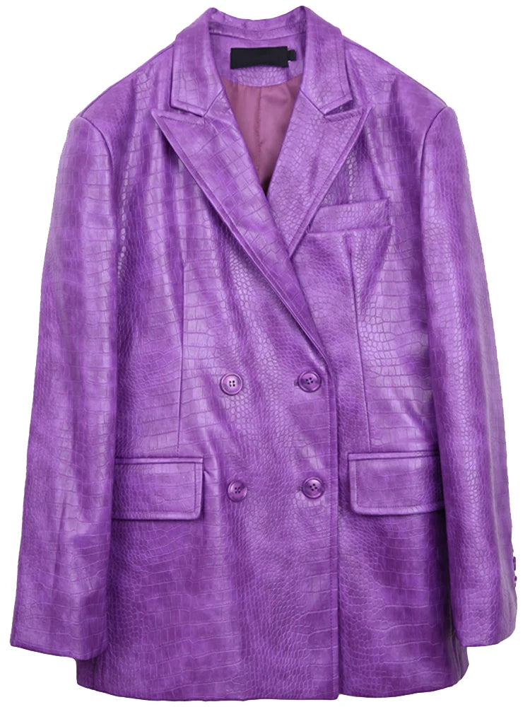 Oversized Shiny Purple Crocodile Pattern Faux Leather Blazer for Women Y2k