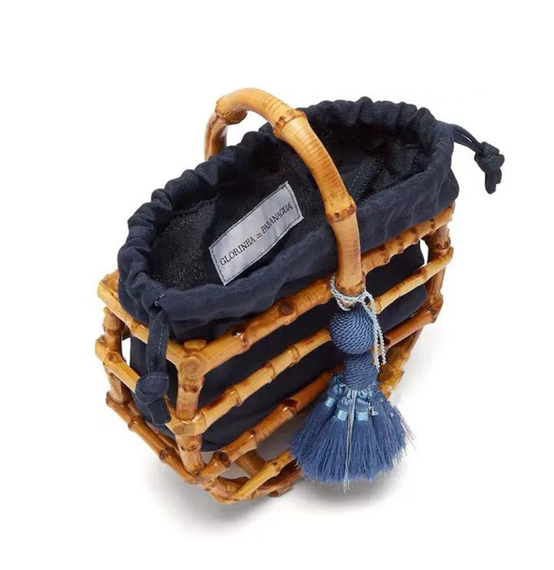 Luxury Women Tassel Woven Bag Bamboo Bag Stitching Hollow Bag