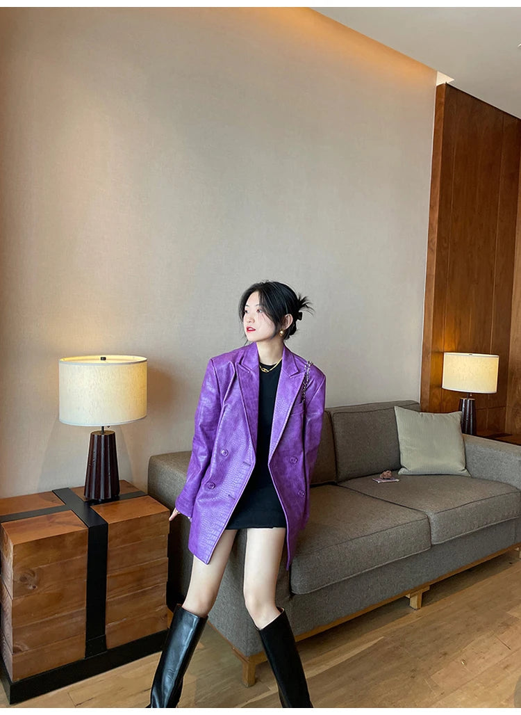 Oversized Shiny Purple Crocodile Pattern Faux Leather Blazer for Women Y2k