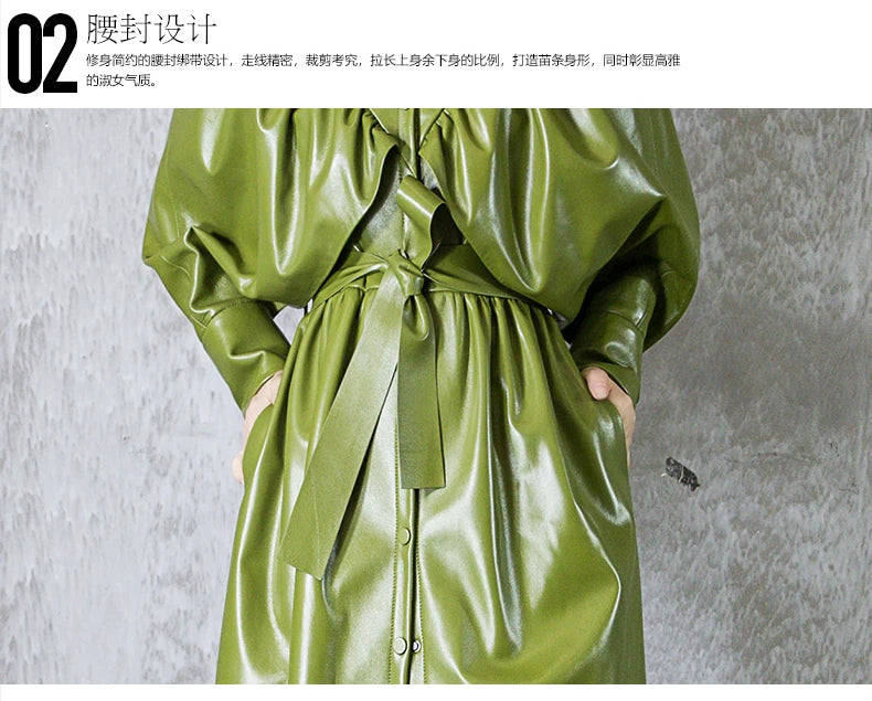 Green Black Maxi Soft Faux Leather Trench Coat for Women Luxury Retro Trench Coat