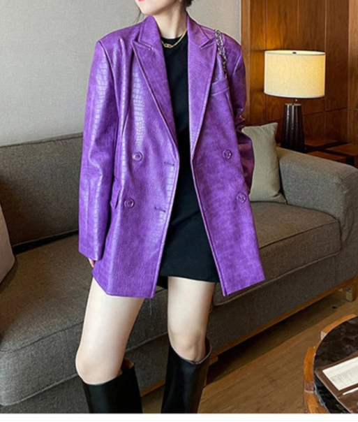 Oversized Shiny Purple Crocodile Pattern Faux Leather Blazer for Women Y2k