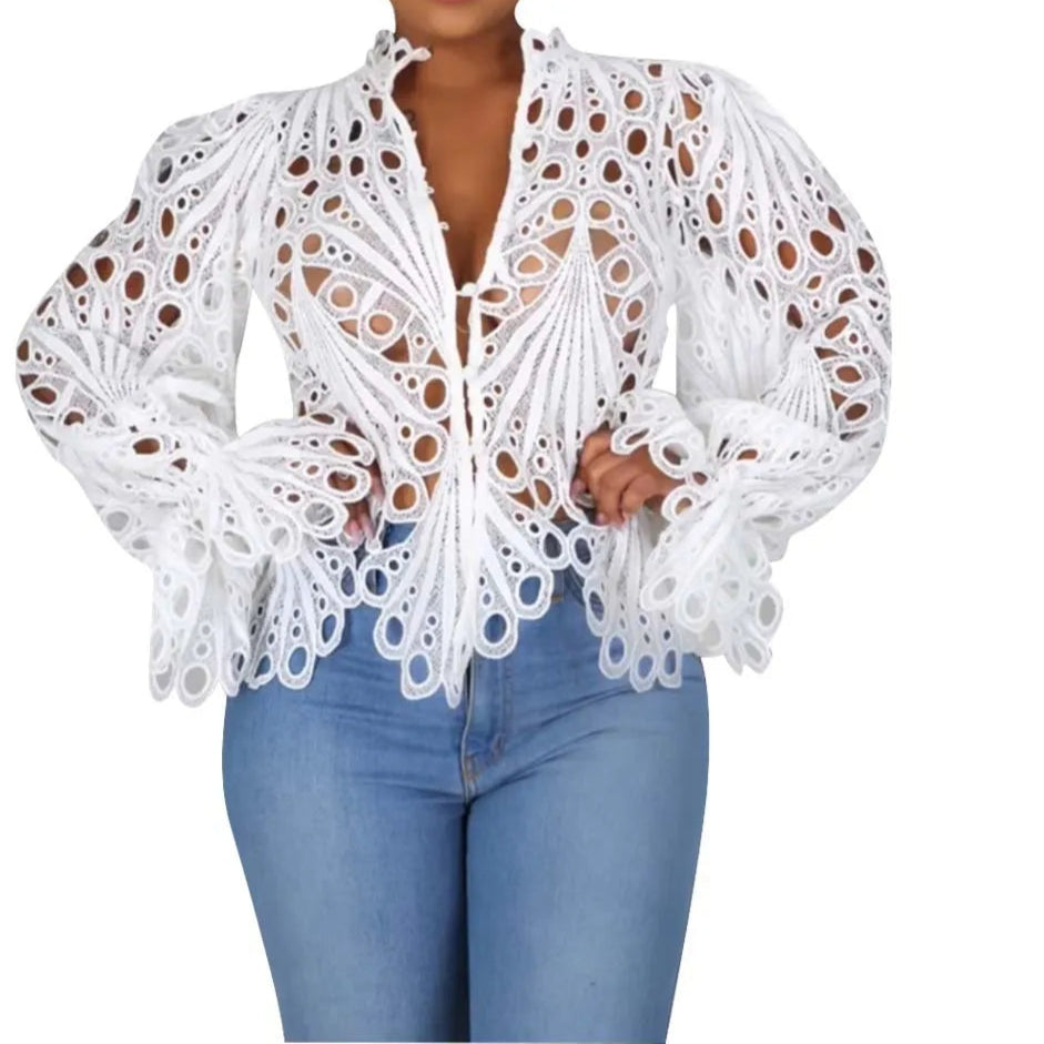Summer Shirts For Women Elegant Short Sleeve Hollow Out Lace Sheer See Through Top Blouse