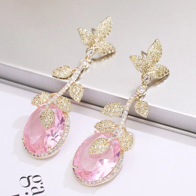 Green Leaf And Yellow Cubic Zirconia Vintage Luxury Drop Earring For Women