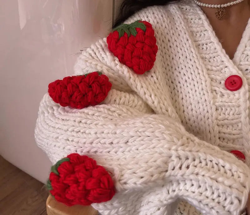 Large Size Women Sweater Puff Sleeve Strawberry Sweet Full Cardigans Loose Girls Sweater