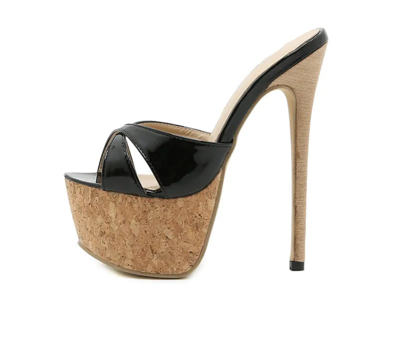 Super High Heels Slippers Sandals Women PU Leather Party Shoes Platform Heels Peep Toe Slip On Mules