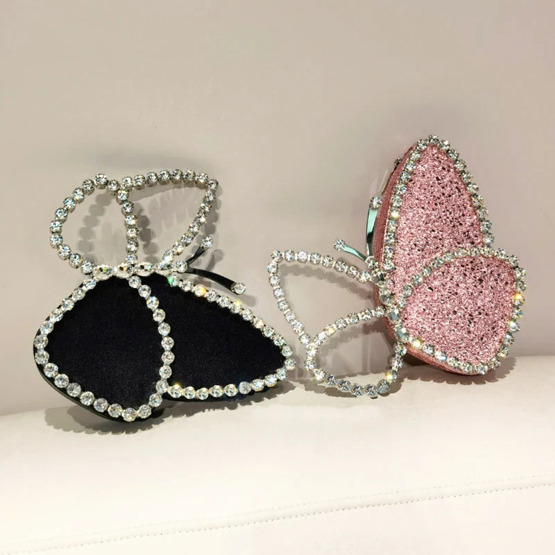 White Rhinestone Pink Butterfly Wedding Evening Clutches Party Prom Purse