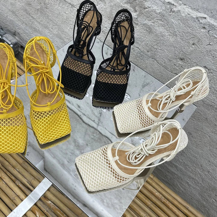 Sexy Mesh Pumps Sandals Female Square Toe High Heel Lace Up Cross-Tied Dress Shoes