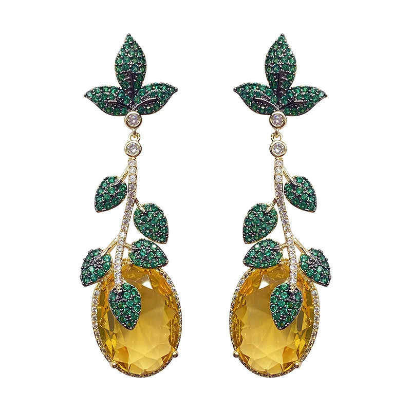 Green Leaf And Yellow Cubic Zirconia Vintage Luxury Drop Earring For Women