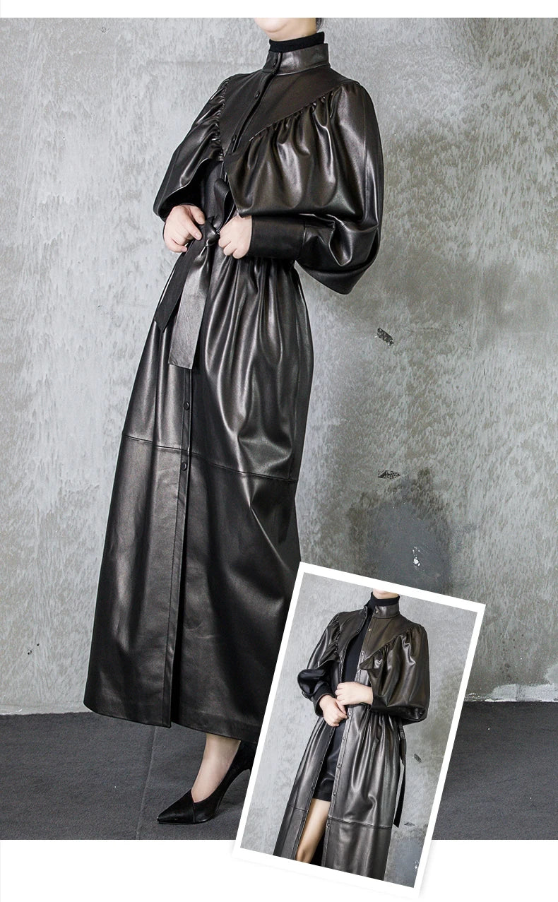 Green Black Maxi Soft Faux Leather Trench Coat for Women Luxury Retro Trench Coat