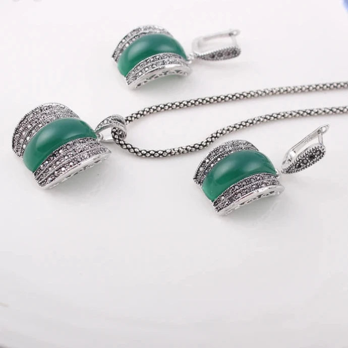Antique Geometric Green Stone Ring Necklace And Earrings Sets for Women