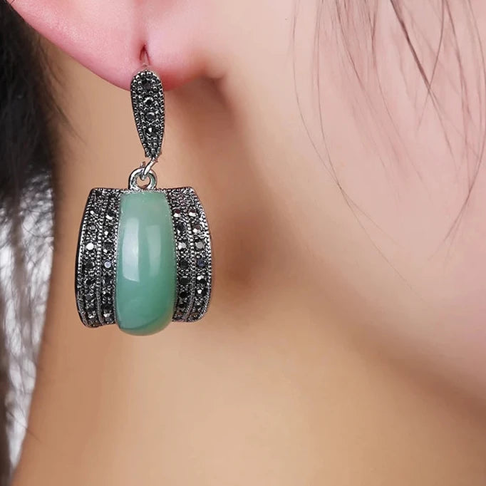 Antique Geometric Green Stone Ring Necklace And Earrings Sets for Women