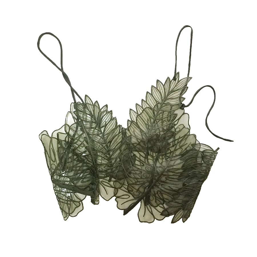 Women Tank Top Green Transparent Top Camisole Embroidered Tanks Organza Crop Top
