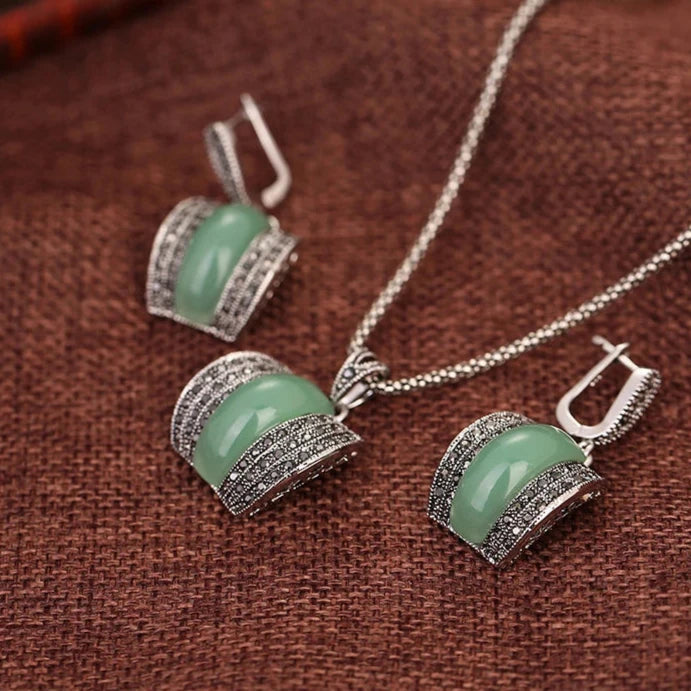 Antique Geometric Green Stone Ring Necklace And Earrings Sets for Women