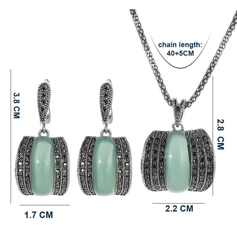 Antique Geometric Green Stone Ring Necklace And Earrings Sets for Women