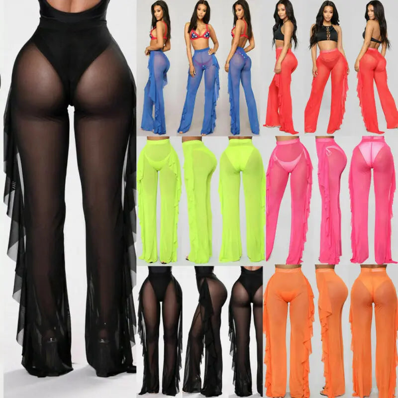 Women Beach Mesh Ruffle Sheer Wide Leg Pants Trousers Bikini Cover Up