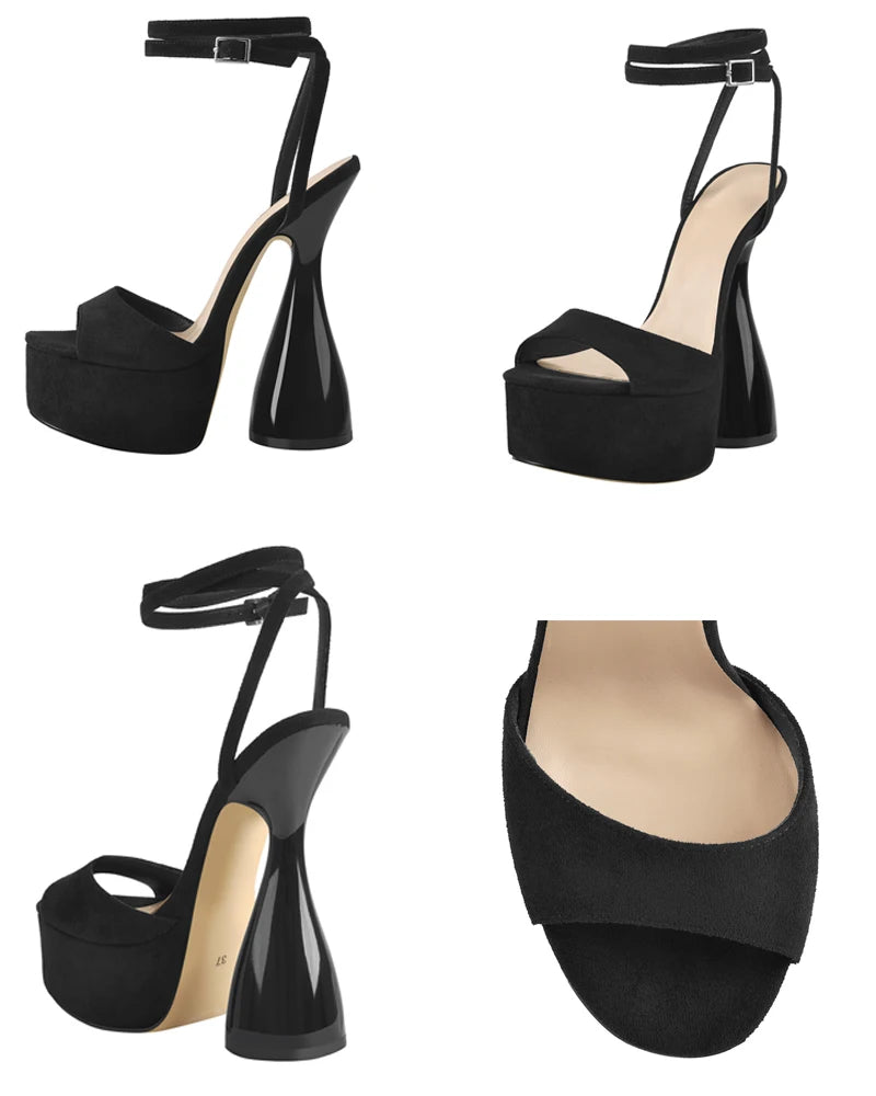 Women Peep Toe Sandals Black Flock Platform Ankle Strap High Heel Shoes