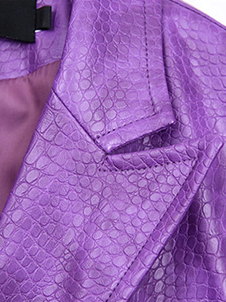 Oversized Shiny Purple Crocodile Pattern Faux Leather Blazer for Women Y2k