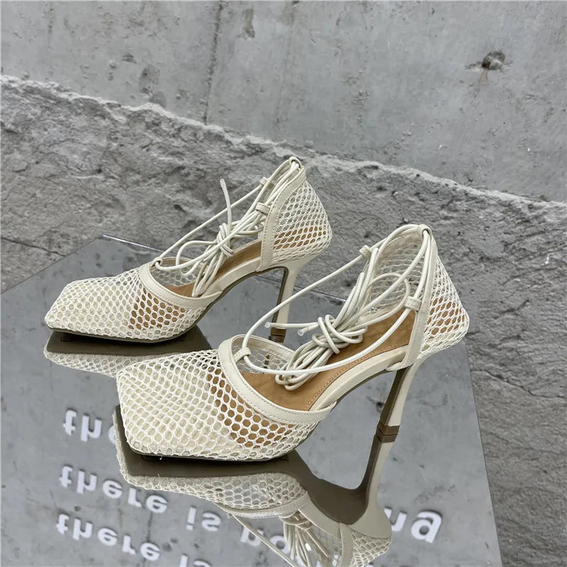 Sexy Mesh Pumps Sandals Female Square Toe High Heel Lace Up Cross-Tied Dress Shoes