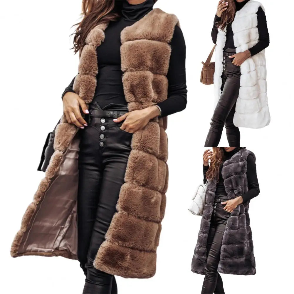 Faux Fur Sleeveless Coat Solid Round Neck Thick Outerwear Jacket
