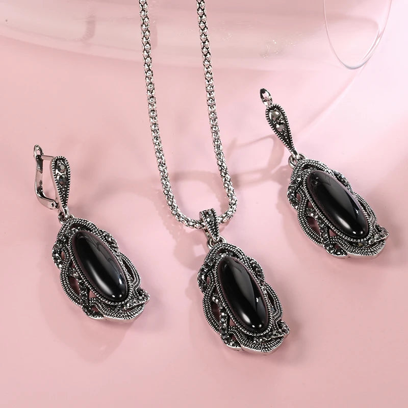 Hot Bohemian Big Opal Stone Earrings Necklace Jewelry Sets For Women