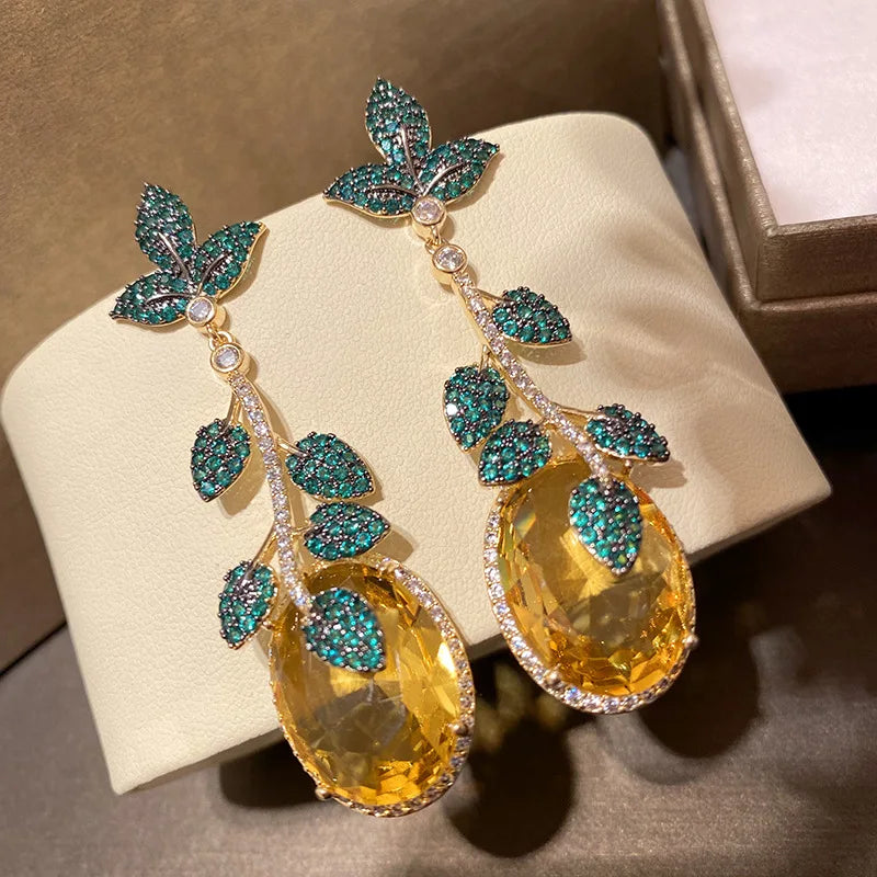 Green Leaf And Yellow Cubic Zirconia Vintage Luxury Drop Earring For Women