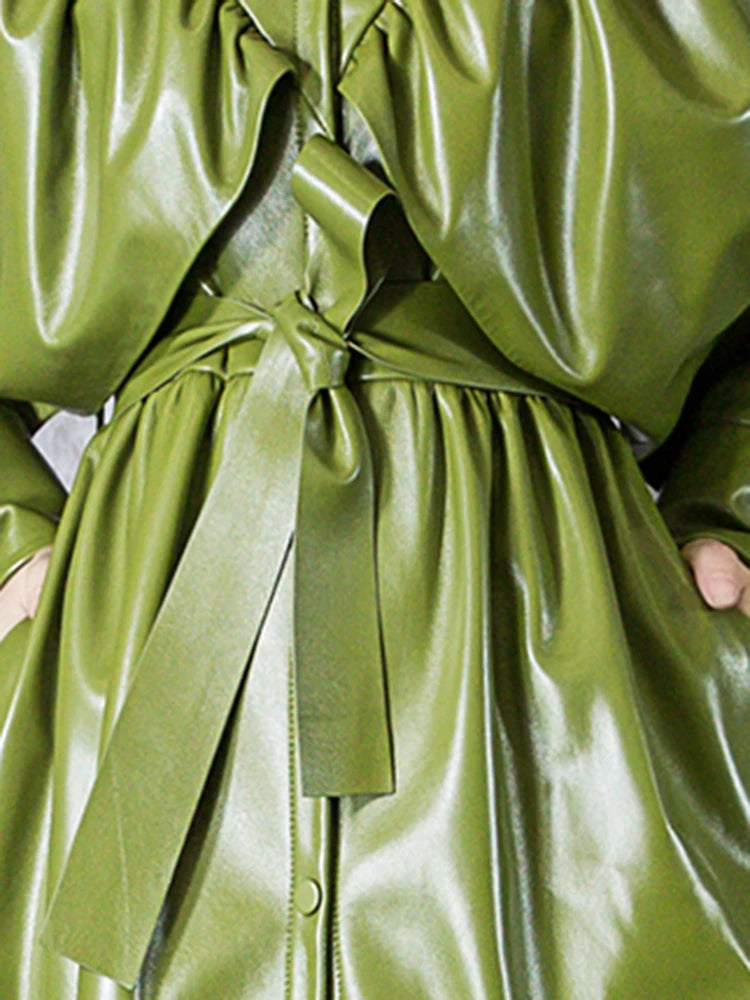 Green Black Maxi Soft Faux Leather Trench Coat for Women Luxury Retro Trench Coat