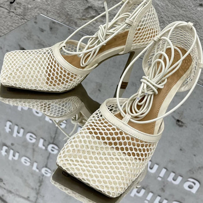 Sexy Mesh Pumps Sandals Female Square Toe High Heel Lace Up Cross-Tied Dress Shoes