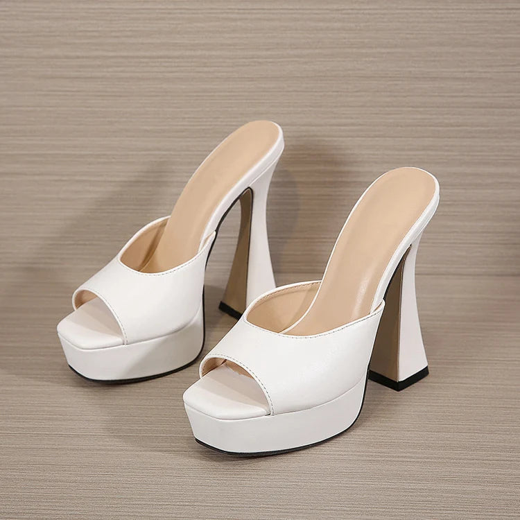 Women Platform Slippers Slides Summer Peep Toe Square Heels 13cm Gladiator Sandals