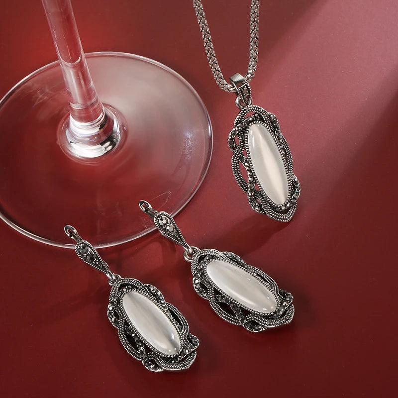 Hot Bohemian Big Opal Stone Earrings Necklace Jewelry Sets For Women