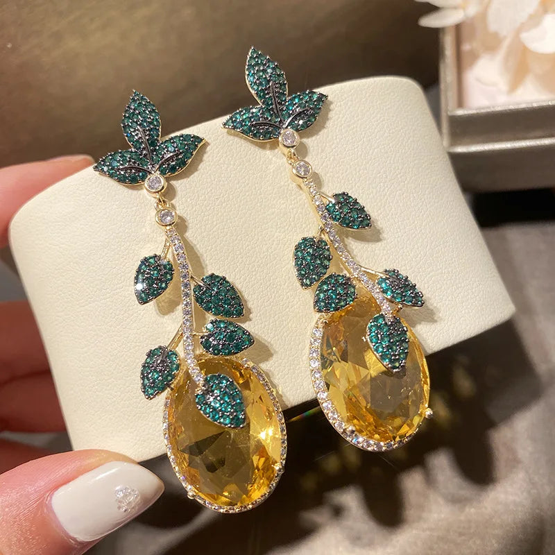 Green Leaf And Yellow Cubic Zirconia Vintage Luxury Drop Earring For Women