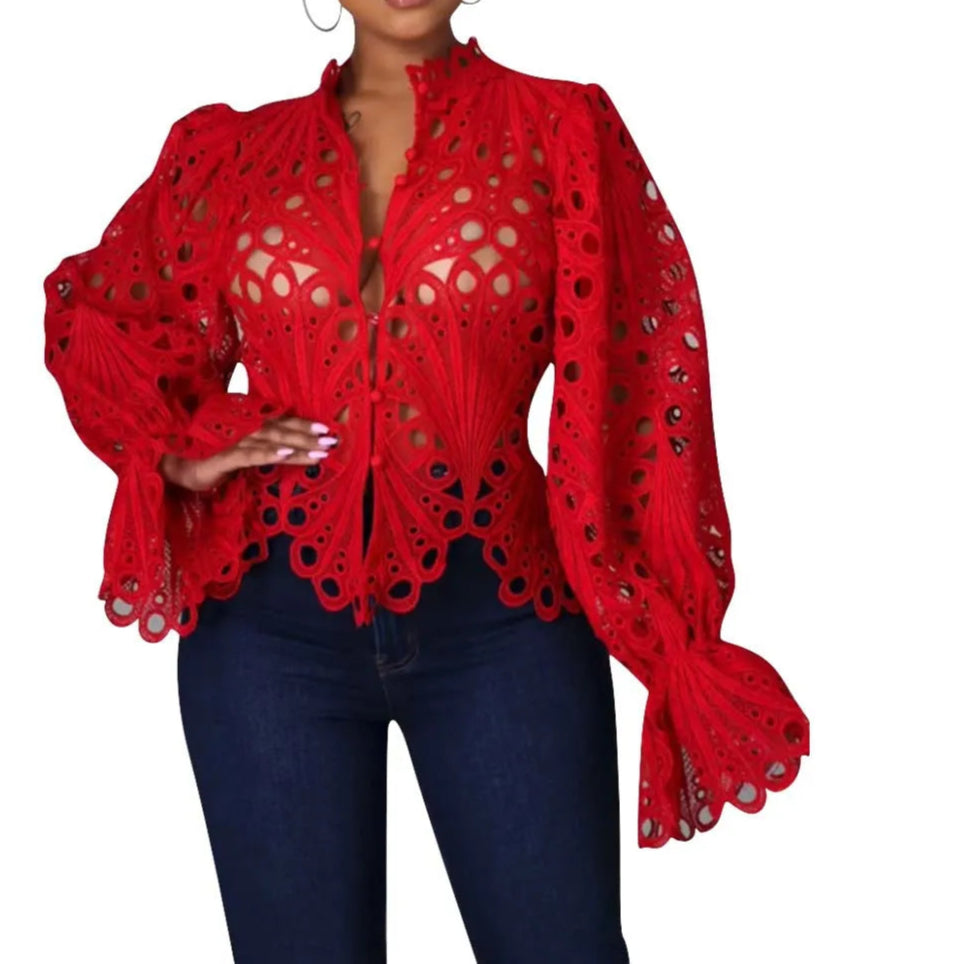 Summer Shirts For Women Elegant Short Sleeve Hollow Out Lace Sheer See Through Top Blouse