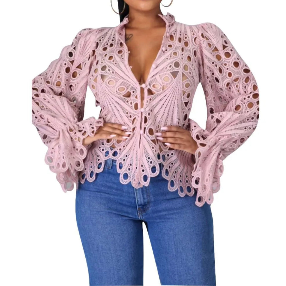 Summer Shirts For Women Elegant Short Sleeve Hollow Out Lace Sheer See Through Top Blouse