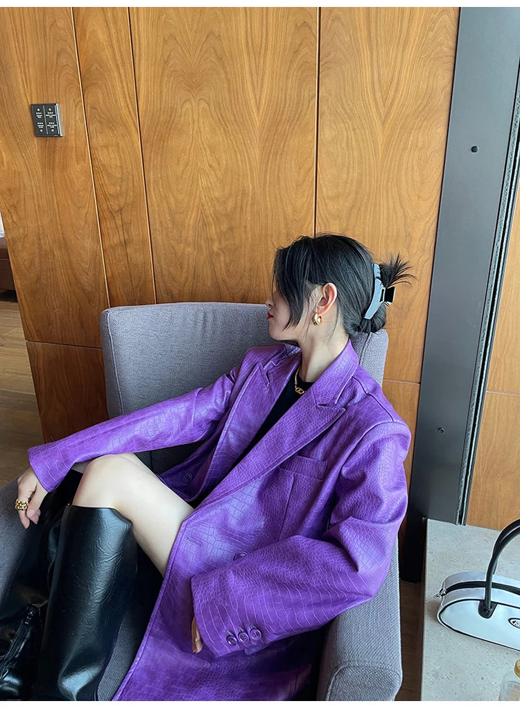 Oversized Shiny Purple Crocodile Pattern Faux Leather Blazer for Women Y2k