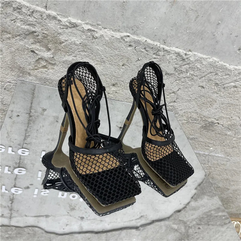 Sexy Mesh Pumps Sandals Female Square Toe High Heel Lace Up Cross-Tied Dress Shoes