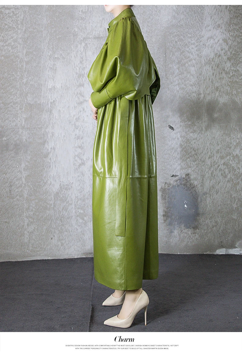 Green Black Maxi Soft Faux Leather Trench Coat for Women Luxury Retro Trench Coat