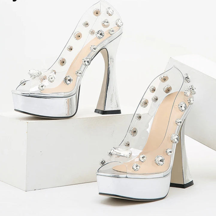 Crystal PVC Transparent Women Pumps Open Toed High Heels Sandals