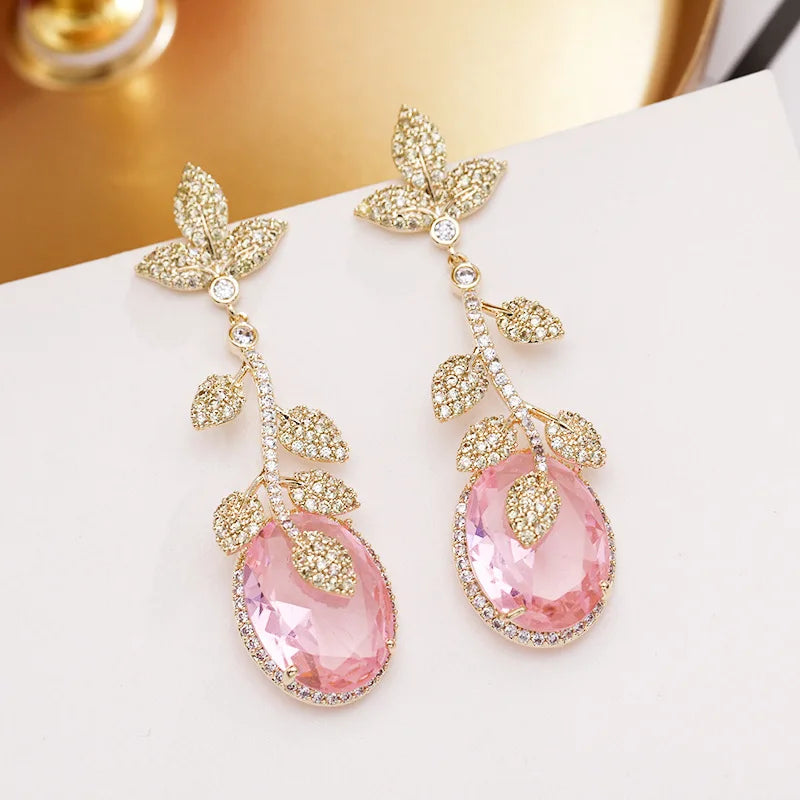 Green Leaf And Yellow Cubic Zirconia Vintage Luxury Drop Earring For Women