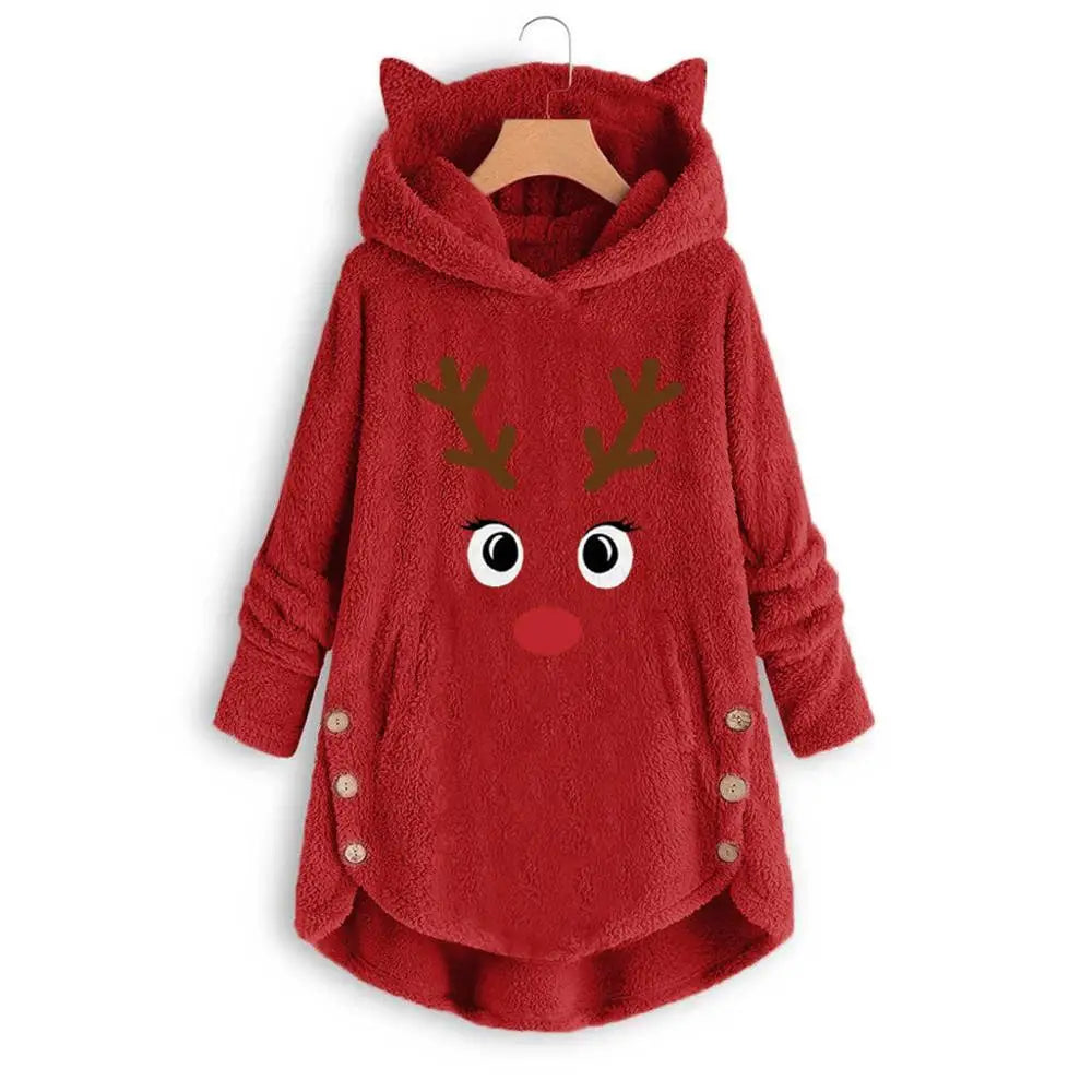 Women Printed Cat Ears Hooded Large Size Long Sleeve Button Sweater Warm Pullover Christmas Sweaters
