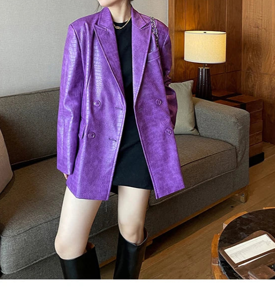 Oversized Shiny Purple Crocodile Pattern Faux Leather Blazer for Women Y2k