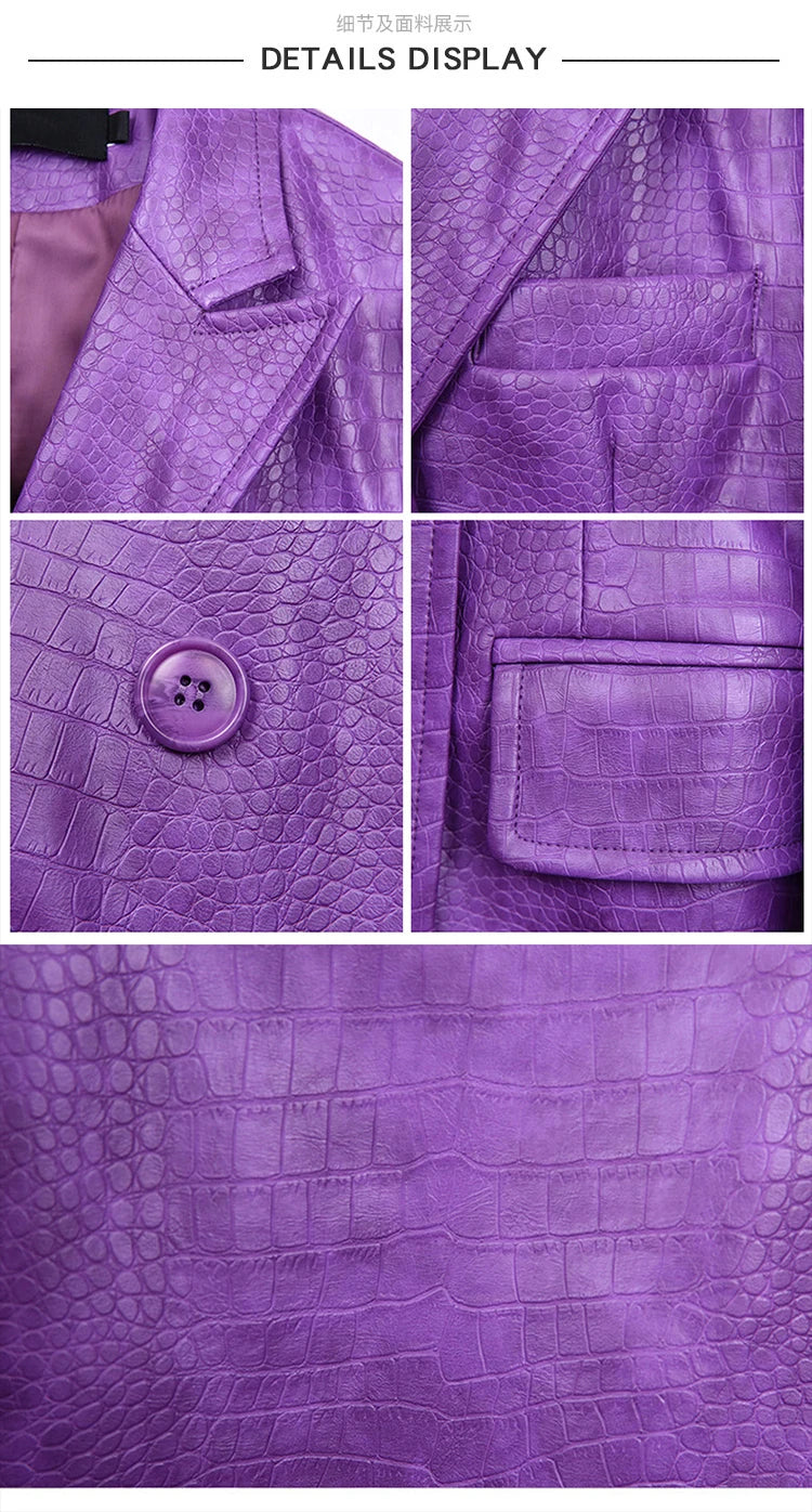 Oversized Shiny Purple Crocodile Pattern Faux Leather Blazer for Women Y2k