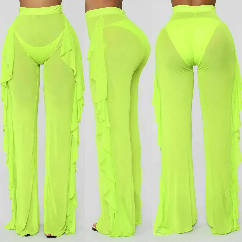 Women Beach Mesh Ruffle Sheer Wide Leg Pants Trousers Bikini Cover Up